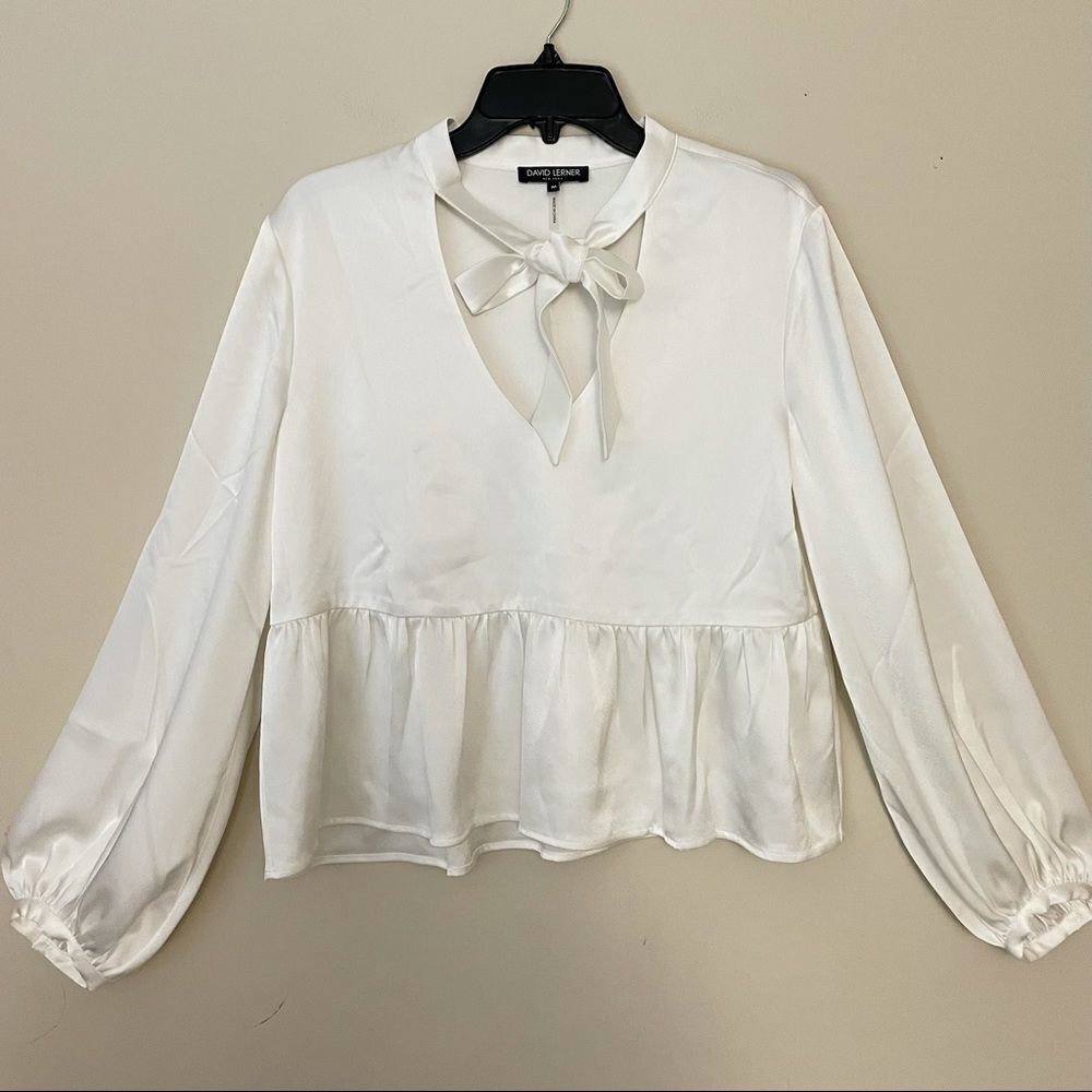 DAVID LERNER FLOUNCY PEPLUM LS BLOUSE‎ WHITE SZ M